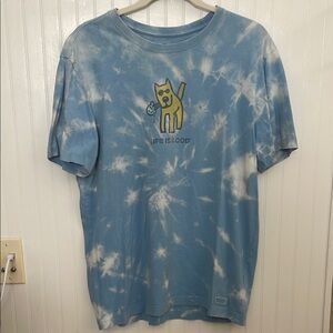 Life Is Good Blue and White Tie-Dye T-Shirt with Dog and Ice Cream Design